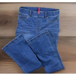 Spanx Jeans Denim Women Sz M High Rise Flare Wide Leg Pull On Blue 20456R